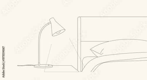 A minimalist line drawing depicts a bedside table with a lamp and a partially visible bed