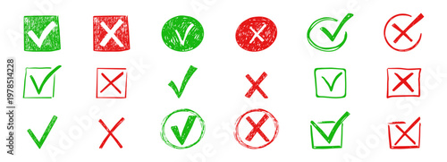 Check mark crayon scribble doodle, chalk texture, checkmark and red cross icon set, circle and square. Tick symbol. sketch checkboxes.