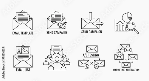 Marketing automation icons illustrate email template, campaign, testing, and list management