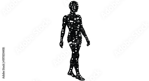 Black human body with white dots and lines, full body scan, 3D rendering