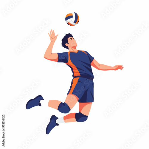 Illustration of a volleyball player in mid-air, jumping to hit a ball with a dynamic motion, wearing a blue and orange uniform against a clean white background.