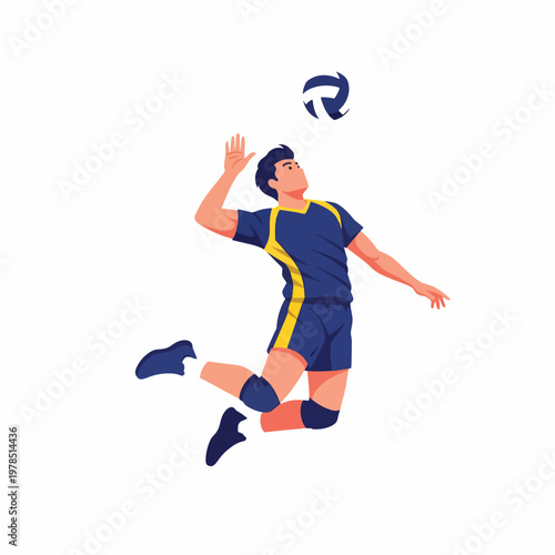 Illustration of a volleyball player in mid-air, about to hit a ball with one hand, wearing a blue and yellow uniform on a white background.