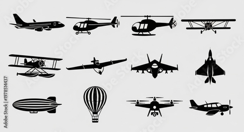 Collection of Diverse Aircraft Silhouettes for Aviation Themes.