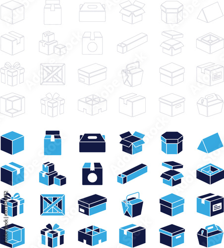 Collection of various outlined and solid box icons for different purposes.