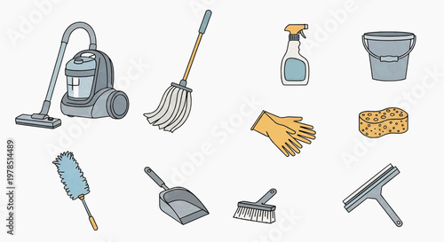 Cleaning tools and supplies arranged on a surface for household chores