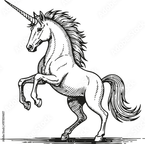 Majestic unicorn rearing up with flowing mane and tail, mythical fantasy creature illustration