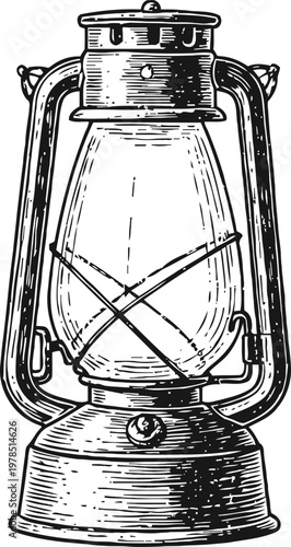 Vintage oil lantern illustration with glass globe and metal frame in detailed black line art