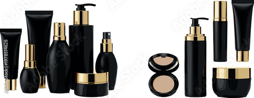 Luxury Black Cosmetic Bottles Set with Gold Accents for Skin Care and Beauty Products Illustrations