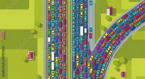 Aerial View of Heavy Traffic Jam on Highway.