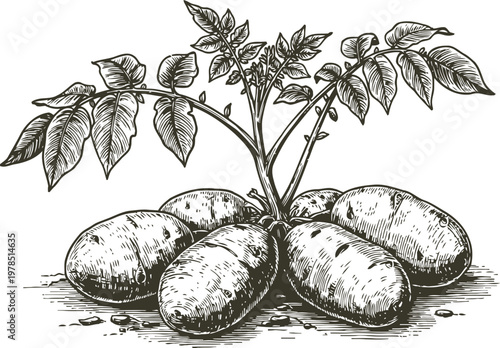 Hand drawn illustration of potato plant with tubers and leaves, botanical agricultural sketch
