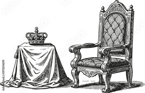 Regal throne chair and royal crown on draped table, vintage medieval monarchy symbols