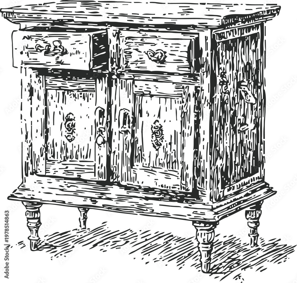 Fototapeta premium Vintage wooden cabinet with drawers and doors, classic antique furniture illustration