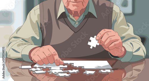 Elderly man's hands focused on solving a jigsaw puzzle, symbolizing cognitive activity for memory retention and battling Alzheimer's.