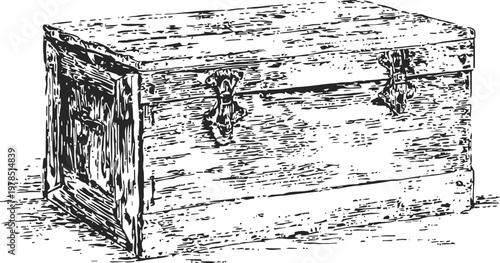 Vintage wooden chest with metal latches antique storage trunk sketch, retro container for belongings and keepsakes