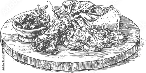 Charcuterie board with assorted meats, cheese, bread slices, olives, and garnish on wooden platter