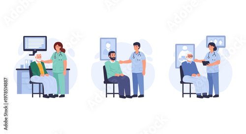 Healthcare professionals providing support and care to elderly patients, covering check-ups, assistance, and medical consultations for Alzheimer's and general health.
