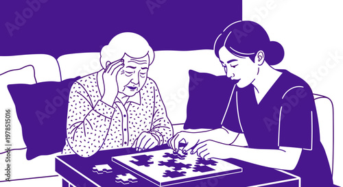 Caregiver assisting an elderly woman with a puzzle, focusing on cognitive stimulation and support for memory challenges in Alzheimer's patients.