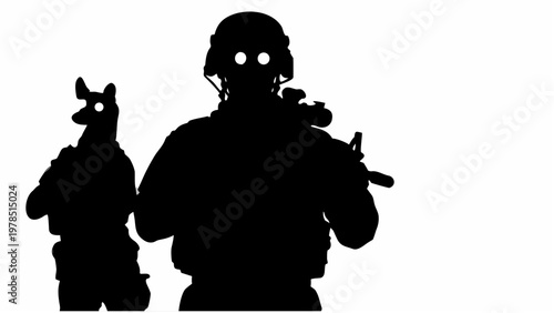Night vision soldiers in silhouette with glowing eyes holding guns in a dark tactical operation