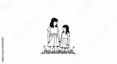 Two young girls in dresses holding hands amidst grass and flowers