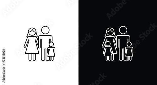 A simple line drawing depicts a family of four presented in both white on black and black on white