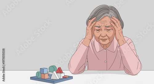 Distressed elderly woman struggling with a cognitive shape-sorting game, highlighting the challenges of memory loss and mental decline in Alzheimer's.