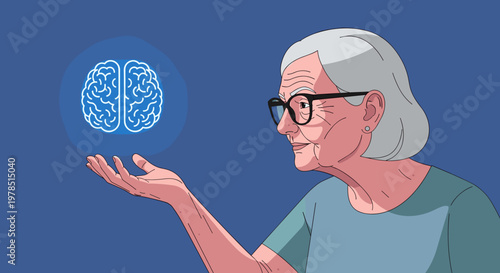 Elderly woman holding a glowing brain icon, symbolizing focus on brain health, memory, and combating cognitive decline, a concept for Alzheimer's awareness.