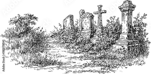 Vintage cemetery scene with old tombstones and overgrown grass, historic graveyard landscape illustration