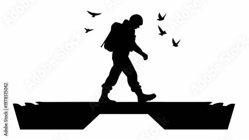 A lone soldier crosses a crumbling bridge symbolizing danger and uncertainty in a desolate landscape with birds flying away