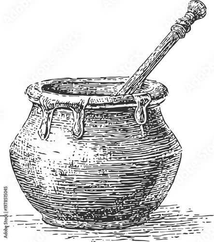 Vintage wooden honey pot with honey dipper dripping sweet natural honey