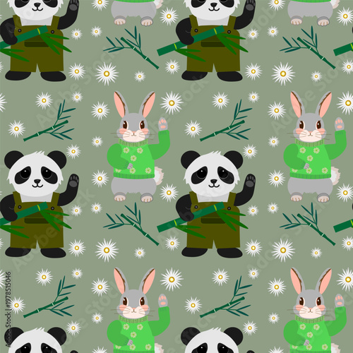  Cute seamless vector pattern with cartoon pandas in green overalls holding bamboo, rabbits in green sweaters 