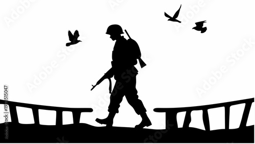 A soldier in silhouette walks across a crumbling bridge with birds flying away conveying a sense of abandonment and danger