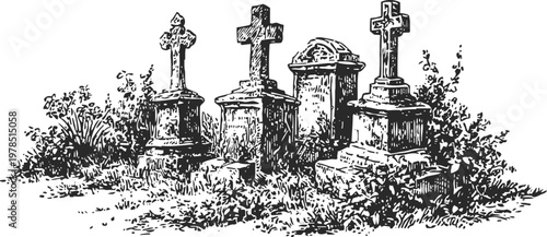Old cemetery with four crosses on weathered graves surrounded by grass and plants illustration