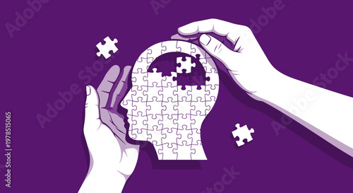 Hands supporting a puzzle-piece human head silhouette, symbolizing cognitive support, memory repair, and understanding Alzheimer's challenges.
