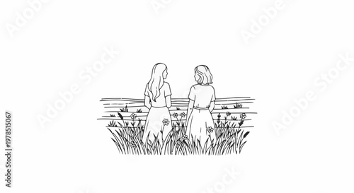 Two young women in dresses stand in tall grass, facing away from viewer