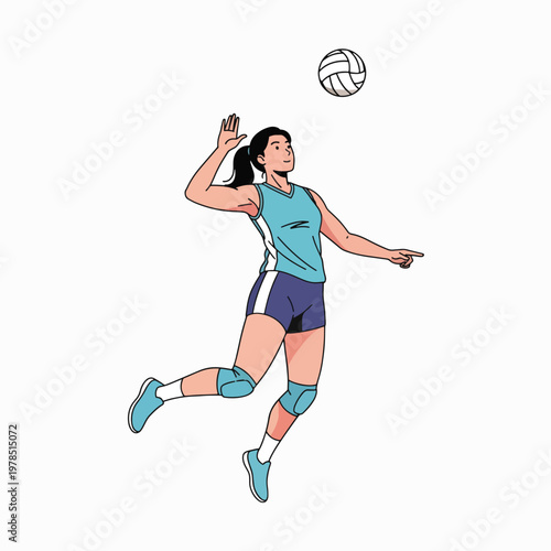 Illustration of a female volleyball player in mid-air hitting a ball with her right hand, wearing a blue uniform and knee pads on a white background.