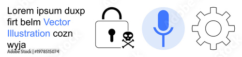 Cybersecurity, digital threats, system security, functionality, voice control, malware prevention. Lock with skull, microphone and gear. Cybersecurity and digital threats concept