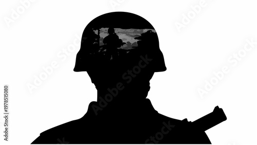 Silhouette of a soldier with a fractured glass helmet symbolizing conflict and fragility in a dark mood with a white background