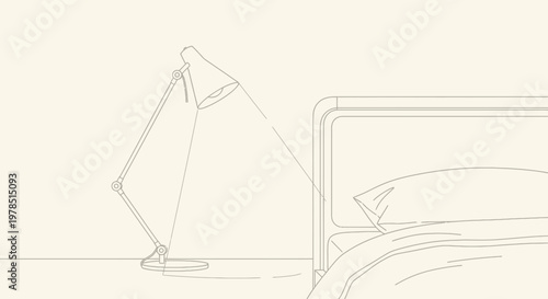 A minimalist line drawing depicts a desk lamp illuminating a portion of a bed frame
