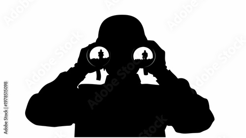 A soldier in silhouette holds binoculars up to their eyes observing surroundings with military precision and caution