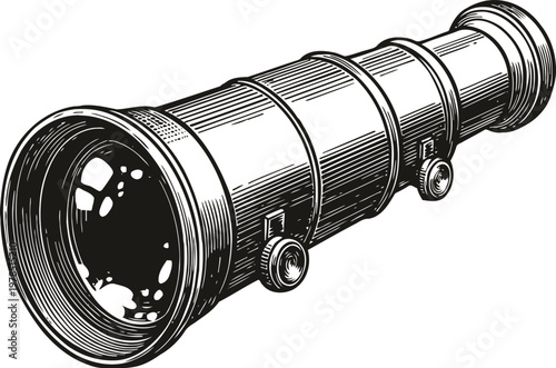 Vintage telescope illustration old fashioned optical instrument for distant viewing antique spyglass drawing