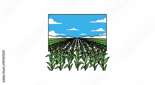 Vast cornfield stretches toward distant mountains under a bright sky