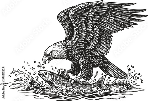 Eagle catching fish in water splash detailed black and white ink bird hunting aquatic life