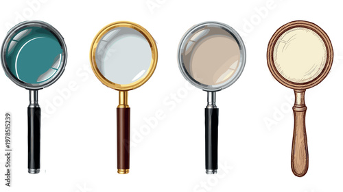 Collection of magnifying glasses with different styles realistic and hand drawn vector illustration detective search tool isolated on background