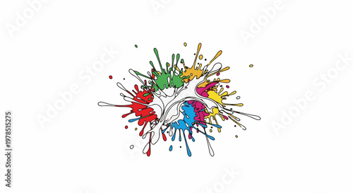 Vibrant, abstract paint splashes erupt in a dynamic, colorful explosion against white