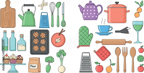 Kitchen and Cooking Utensils Icon Set Featuring Teapots, Baking Tools, Vegetables, and Cooking Equipment for Web and App Use
