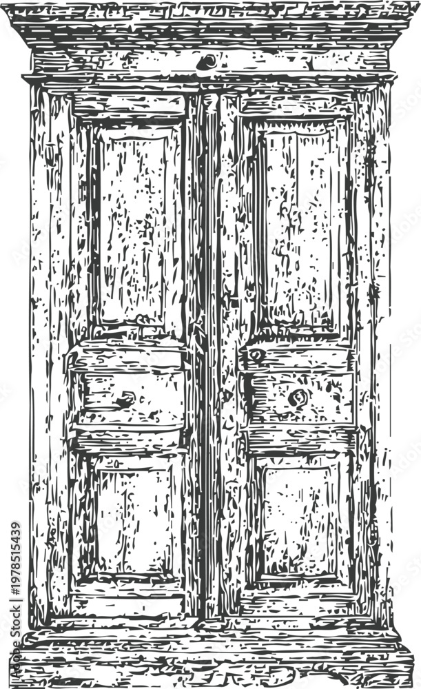 Fototapeta premium Antique wooden wardrobe with two doors and decorative molding in vintage engraving