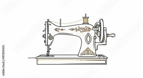 Vintage sewing machine with decorative ornate patterns and a spool of thread