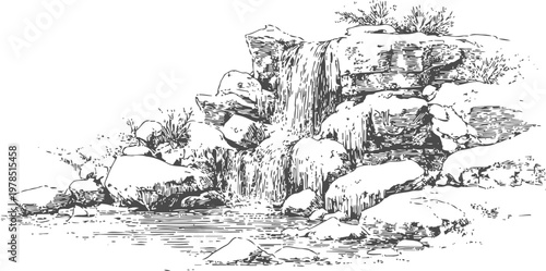 Illustration of a natural waterfall surrounded by rocks and foliage with water flowing into a pool