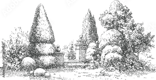 Ornamental garden landscape with trimmed bushes, stone pillars, and decorative shrubs in vintage