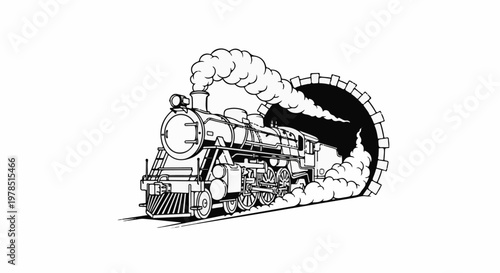 Vintage steam engine emerges from a tunnel in black and white